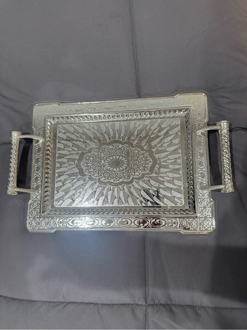 Vintage Ornate Silver-Plated Serving Tray with Handles - 14" × 10"